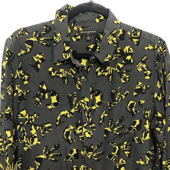 Banana Republic Gray Yellow Black Silk Blouse Top Size Medium Long Sleeve Pocket - Picture 5 of 13